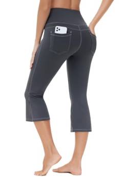 BAYGE Damen Bootcut Yogahose 3/4 Hight Waist Wasserdicht Blickdicht Bauchkontrolle Slim Fit Flared Leggings Jeggings Schlaghose Sweathose Sporthose Arbeitshose Fitnesshose mit Taschen, Grau, L von BAYGE