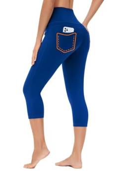 BAYGE Damen Leggings 3/4 Sommer Leicht Hight Waist Wasserdicht Blickdicht Slim Fit Capri Jeggings Yogahose Wanderhose Sporthose Strumpfhose Sweathose mit Taschen, Blau, XL von BAYGE