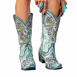 BBOOY Damen Westernstiefel mit Blumenstickerei, Klassisch spitzer Zeh Westernreitstiefel, Pelzfutter Winter Slip-on Cowboystiefel,B,42 von BBOOY