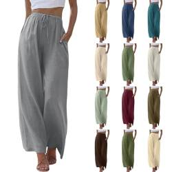 BDOZQY Leinenhose Damen Einfarbig 3/4 Leinen Hosen mit Taschen und Tunnelzug Baggy Casual Freizeithose Sommer Weite Beine Hose Hohe Taille Leicht Sporthose Damen Baumwolle Leinen Stoffhose Frauen von BDOZQY