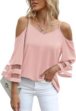 BEIGAI Damen Bluse Casual Chiffon Blusen Tops 3/4 Ärmel V Hals Tunika Top Lässige Shirts,Rosa,L von BEIGAI