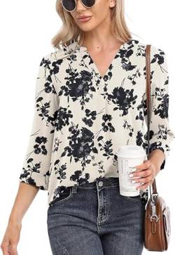 BEIGAI Damen Chiffon Bluse Sommer Locker Lässige Tops 3/4 Ärmel Elegante Leichte T-Shirts für Frauen,Floral Weiß,L von BEIGAI