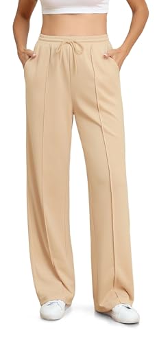 BEIGAI Damen Hose Casual Dehnbar Hohe Taille Weites Bein Hosen Outdoor Jogpants Trainingshose Yogahose mit Taschen,Beige,S von BEIGAI