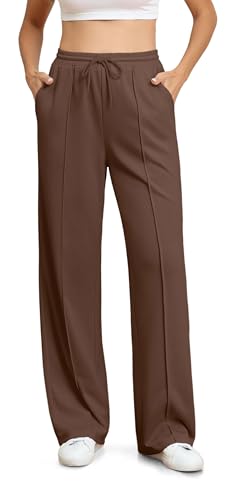 BEIGAI Damen Hose Casual Dehnbar Hohe Taille Weites Bein Hosen Outdoor Jogpants Trainingshose Yogahose mit Taschen,Braun,XL von BEIGAI