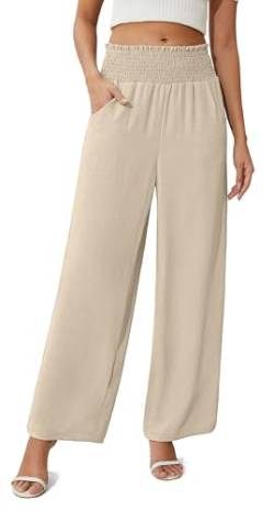 BEIGAI Damen Hose Elegante Baggy Weites Bein Hosen Dehnbar Hohe Taille Casual Palazzo Hosen mit Taschen,Aprikose,M von BEIGAI