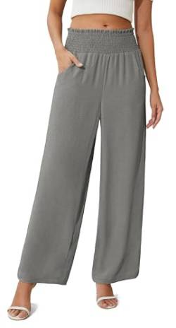 BEIGAI Damen Hose Elegante Baggy Weites Bein Hosen Dehnbar Hohe Taille Casual Palazzo Hosen mit Taschen,Grau,S von BEIGAI