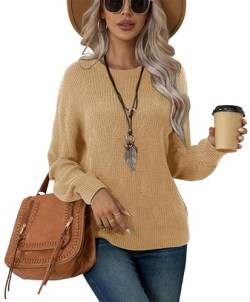 BEIGAI Damen Pullover Herbst Winter Elegante Casual Strickpullover Langarm Rundhals Baggy Sweateshirt Pullover,Khaki,L von BEIGAI