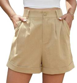 BEIGAI Damen Shorts Sommer Leinen High Waist Shorts mit Taschen,Khaki,3XL von BEIGAI