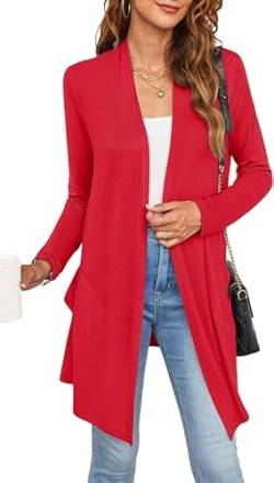 BEIGAI Strickjacke für Damen Lange Ärmel Leicht Weich Bequem Cardigan mit High Low Saum Elegante Casual,Rot,XL von BEIGAI