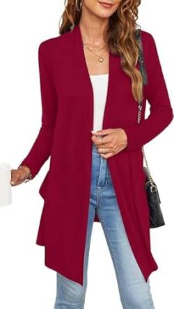 BEIGAI Strickjacke für Damen Lange Ärmel Leicht Weich Bequem Cardigan mit High Low Saum Elegante Casual,Weinrot,XXL von BEIGAI