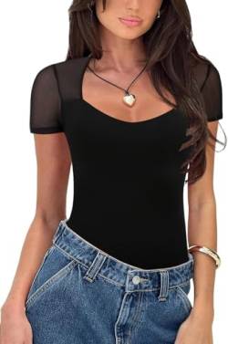 BEINF Body für Damen Sexy Herzausschnitt Body Shirts Kurze Ärmel Durchsichtige Mesh Sommer Abnehmen 2024 Trendy Ausgehen Bodysuits Tops Schwarz S von BEINF