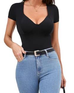 BEINF Body für Damen Sexy Tiefen V-Ausschnitt Kurzarm Schlankmachen Ausgehen Tanga Bodysuit Tops Schwarz XXL von BEINF