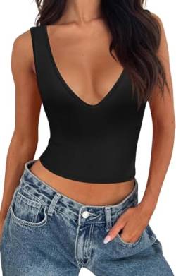 BEINF Damen Crop Tops Sexy Tiefer V Ausschnitt Nahtlose Ärmellose Slim Fit Trendiges Y2K Korset Tank Tops Basic Ausgehen Tops T-Shirts Schwarz L von BEINF