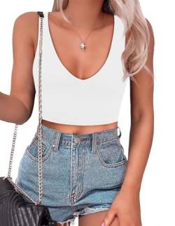 BEINF Damen Crop Tops Sexy Tiefer V Ausschnitt Nahtlose Ärmellose Slim Fit Trendiges Y2K Korset Tank Tops Basic Ausgehen Tops T-Shirts Weiß S von BEINF