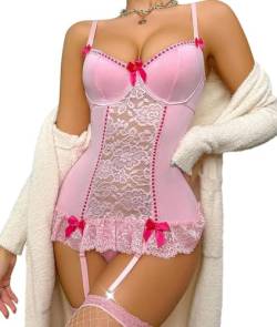 BEINF Damen Dessous Sets Sexy Floraler Spitze Bodysuit mit Strumpfgürtel V-Ausschnitt Schleife Vorne Babydoll Underwire mit Strümpfen 2 Teiliges Rosa XXL von BEINF