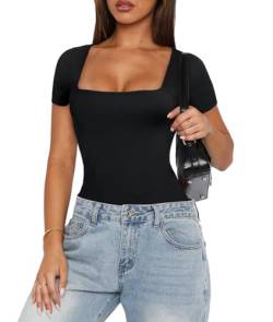 BEINF Damen Sexy Body mit Quadratischem Ausschnitt Kurzarm Dehnbar Schlankheits Bodys Kostüm Ausgehen Tanga Bodysuit Tops Schwarz XL von BEINF