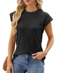 BEINF Damen T-Shirt Kurzarm Texturierte Tops Rundhalsausschnitt Locker Lässig Geschäftlich Basis Niedlich Sommer Tank Top 2024 Solides Tee Blusen Schwarz XL von BEINF