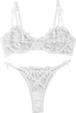 BEINF Dessous Set für Damen Sexy Florale Bestickte Spitze Schiere Bügel BH und Panty Sets Push Up Strappy Dessous 2 Teiliges Weiß M von BEINF