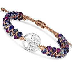 BENAVA Damen Yoga Armband Jaspis Edelstein Perlen mit Lebensbaum Anhänger Bunt | Edelstein Armband Meditation | 16-24 cm von BENAVA