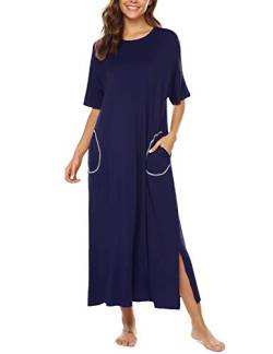 BESDEL Night Shirt Damen Kurzarm Nachtwäsche Rundhals Nachtkleid Nachthemd Loungewear Navy Blue M von BESDEL