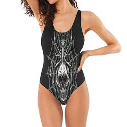 BEUSS Totenkopf Spinnennetz Schwarz Badeanzug Damen Badeanzüge Einteilier Bademode Sportlich Schwimmanzug Monokini für Mädchen von BEUSS