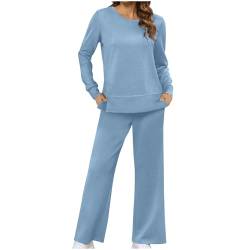 BFSWL Discounter Hausanzug Damen Set Einfarbig Rundhals Freizeitanzug Langarmshirt Freizeithose 2 Stück Langarm Pullover + Palazzo Hose Zweiteiler Freizeit Jogginganzug Trainingsanzug Alltag von BFSWL