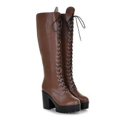 BGFCDFGV Damen Stiefel Plateau Blockabsatz mit Reißverschluss Combat Boots Schnürstiefel Kniehohe Stiefel,Braun,35 EU von BGFCDFGV