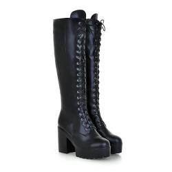 BGFCDFGV Damen Stiefel Plateau Blockabsatz mit Reißverschluss Combat Boots Schnürstiefel Kniehohe Stiefel,Schwarz,42 EU von BGFCDFGV