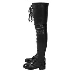 BGFCDFGV Overknee-Stiefel für Damen, PU-Leder, Schnürung, lange Stiefel, niedriger Absatz, flacher Kampfstiefel, Schwarz , 40 EU von BGFCDFGV