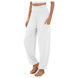 Haremshose Damen Sommer Pumphose Boho Strandhose Leicht Schlupfhose Loose Hippie Hose Mit Taschen Freizeithose Lässige Yogahose Straight Bein Hose Bequeme Stoffhose Elegant Caprihose von BIBOKAOKE