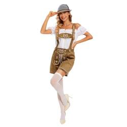 Oktoberfest Outfit Latzhose Damen mit Bob Dirndl Kleid Midi Damen Traditionelles Bayern-Kostüm Deutsch Oktoberfest Karneval Set Kleidung Party Cosplay Set für Oktoberfest, braun, X-Large von BIKETAFUWY