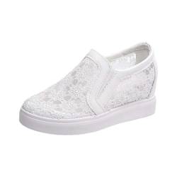 BILIKEYU Damen Sneakers Slip in Keil Sportschuhe Mesh Spitze Bestickt Bestickter Stoff Bequem Atmungsaktive Freizeitschuhe rutschfeste Walkingschuhe Outdoor Gehen Schuhe gr 41 Weiß von BILIKEYU