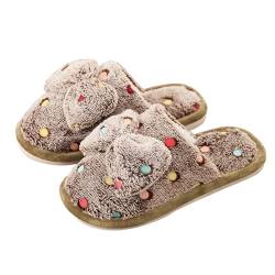 BILIKEYU Hausschuhe Damen Herren Winter Bunte Schleife rutschfeste Leise Warm Plüsch Flauschige Niedliche Pantoffeln Weiche Bequeme Baumwollpantoffeln Slipper Home gr 38 Kaffee von BILIKEYU