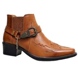 BINDT Herren Western Stiefeletten Schnallenriemen Stiefel Retro Leder Square Toe Cowboy Kurze Stiefel Cowboy Motorradstiefel,Messing,45 von BINDT