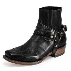 BINDT Herren Western Stiefeletten Schnallenriemen Stiefel Retro Leder Square Toe Cowboy Kurze Stiefel Cowboy Motorradstiefel,Schwarz,38 von BINDT