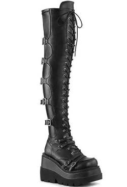 BINDT Overknee-Stretch-Stiefel aus Leder für Damen, Gothic-Punk-Stiefel mit hohem Absatz, klobige Block-Plateau-Keilabsatz-Schnürstiefel, oberschenkelhohe Biker-Stiefel,Schwarz,35 von BINDT