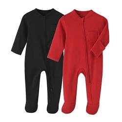 Neugeborenes Säugling Klassische Schlafanzug 2er Pack Baby Junge Mädchen Reißverschluss Strampler-Set,Schwarz+Rot,6 Monate von BINIDUCKLING