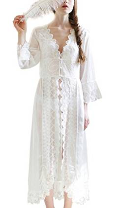 BININBOX® Damen Mädchen europäischen langen Abschnitt Pyjamas weißen Chiffon Spitze Schlafanzug Nachthemd Perspektive wunderschöner Schlafrock Nightgown, One Size , Weiß von BININBOX