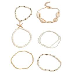 7 PCS Damen Natural Shell Armband Fußkettchen Schmuck Set Boho Muschelkette, Mit Mehreren Lagen Perlen Und Stretch Für Damen, Personalisierter Muschelketten-Seestern-Anhänger von BIRWUMI