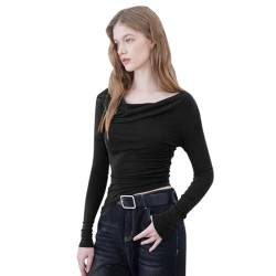 BKEPDY Damen Langarmshirt Y2K Slim Fit Oberteile Rundhals Stretch Langarm Oberteile Tshirts Casual Basic Crop Tops Bluse Damen Mädchen Streetwear von BKEPDY