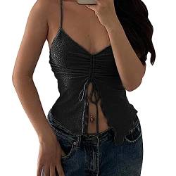 BKEPDY Damen Sexy Tank Top Ärmellose Sommer T Shirt Spaghettiträger Backless Top Y2K Rückenfreies Oberteil Umkehrbarer Stil Strassenmode Cami Camisole (Schwarz M) von BKEPDY