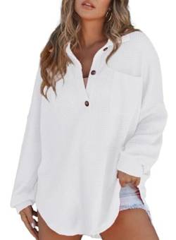 Damen Pullover Oversized Waffel Bluse Henley Shirts V-Ausschnitt Einfarbige Casual Oberteile von BLENCOT