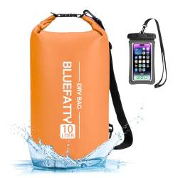 BLUEFATTY Wasserdichter Dry Bag Schwimmender Roll-Top-Trockenrucksäcke für Kajakfahren, Rafting, Bootfahren, SUP, Angeln, mit IPX8 wasserdichter Handyhülle, Orange, 10 l von BLUEFATTY