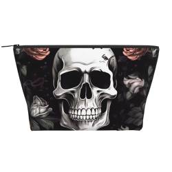 Reise-Make-up-Tasche mit schwarzem Blumenmuster, Halloween-Totenkopf-Motiv, Trapez-Kosmetiktasche, Make-up-Kulturbeutel, Organizer für Damen, Schwarz , Einheitsgröße, Kosmetiktasche von BNVSADC