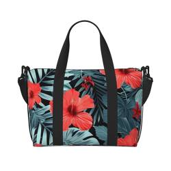 Reisetasche mit rotem Hibiskus bedruckt, für Herren und Damen, groß, wasserabweisend, Turnbeutel, Wochenendtasche mit Schultergurt, Schwarz , Einheitsgröße, Reisetasche von BNVSADC