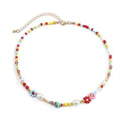 BOGEEL Bunte Blumen-Perlen-Halskette, niedliches Choker-Armband, Modeschmuck, Kunstperlen, kurze Schlüsselbeinkette, Geburtstagsgeschenk von BOGEEL