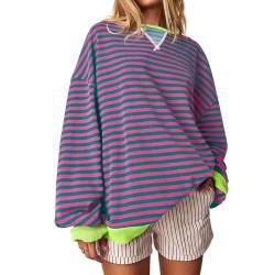 BOLUOBAO Gestreiftes-Shirt-Damen-Oversized-Sweatshirt-für-Damen-Striped-Color-Block-Rundhals-Long-Sleeve-Dupes-Y2K-Shirt-Lässig-Langarmshirt-Lose-Pullover-Leicht-Herbst-Oberteile-Tops- von BOLUOBAO