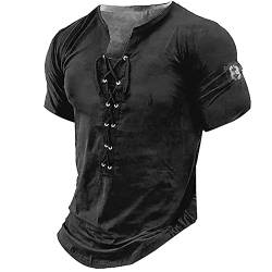 Tshirt Herren Herren V-Ausschnitt Einfarbig Kordelzug Retro Henley Hemd Taillierte Muskelhemden Kurzarm Taktische Hemden Combat Shirt Übergroßes T-Shirt Herren Sommeroberteile L 03-Schwarz von BORTGYUI