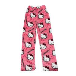 𝑯ello 𝙆itty Schlafanzug-Schlafhose-Schlafanzughose, Schlafanzughose-Flanellhose-Schlafanzug-Schlafanzughosen,Schlafanzug Damen Hosen Flanell Pyjama Hose Freizeithose Kawaii Anime Weich Pyjamahose von BOSSETY