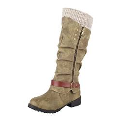 BOTCAM Damen Winterstiefel Kniehohe Stiefel Vintage Western Lederstiefel Mit Seitlichem Reißverschluss Cowboystiefel Elegant Mittelhoher Stiefel Rutschfeste Niedriger Absatz Schneestiefel von BOTCAM